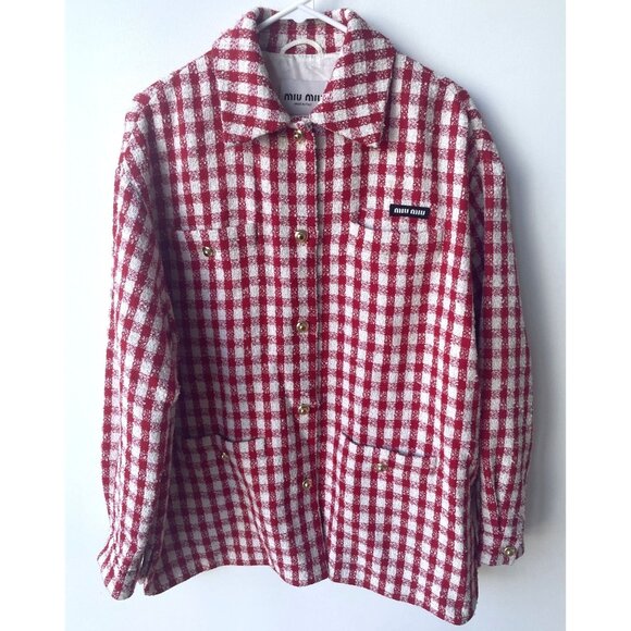 Miu Miu Red & White Checkered Button-Up Jacket With Pockets Made In Italy Wool B - Picture 1 of 9